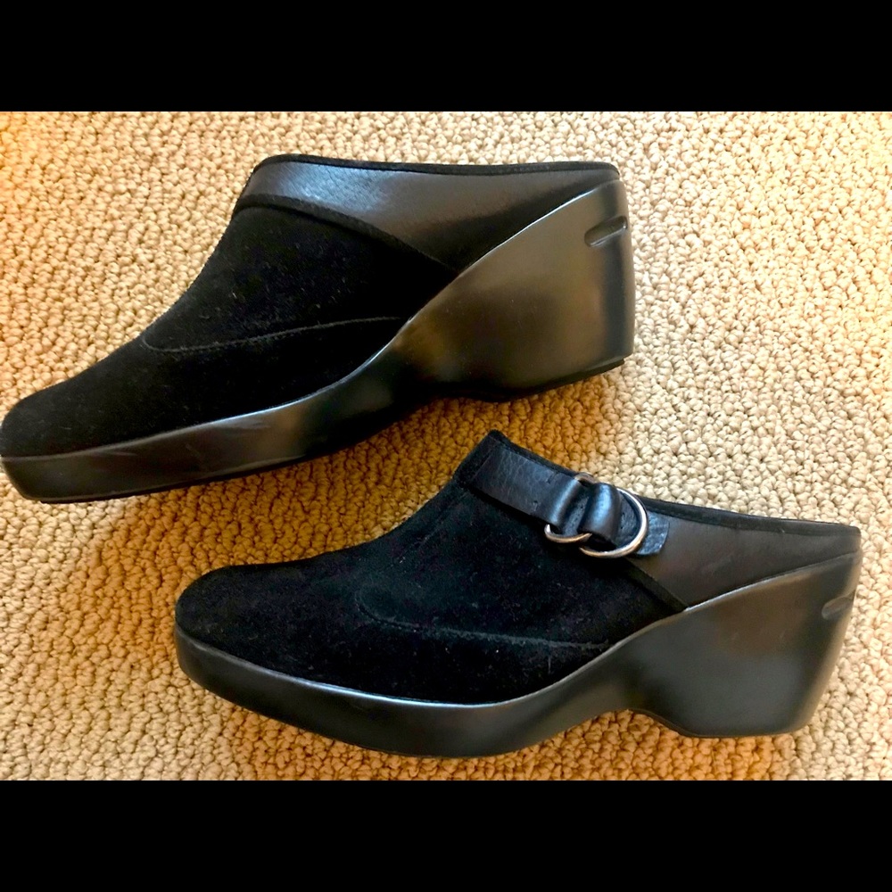 Cole-Haan mules in suede and rubber.